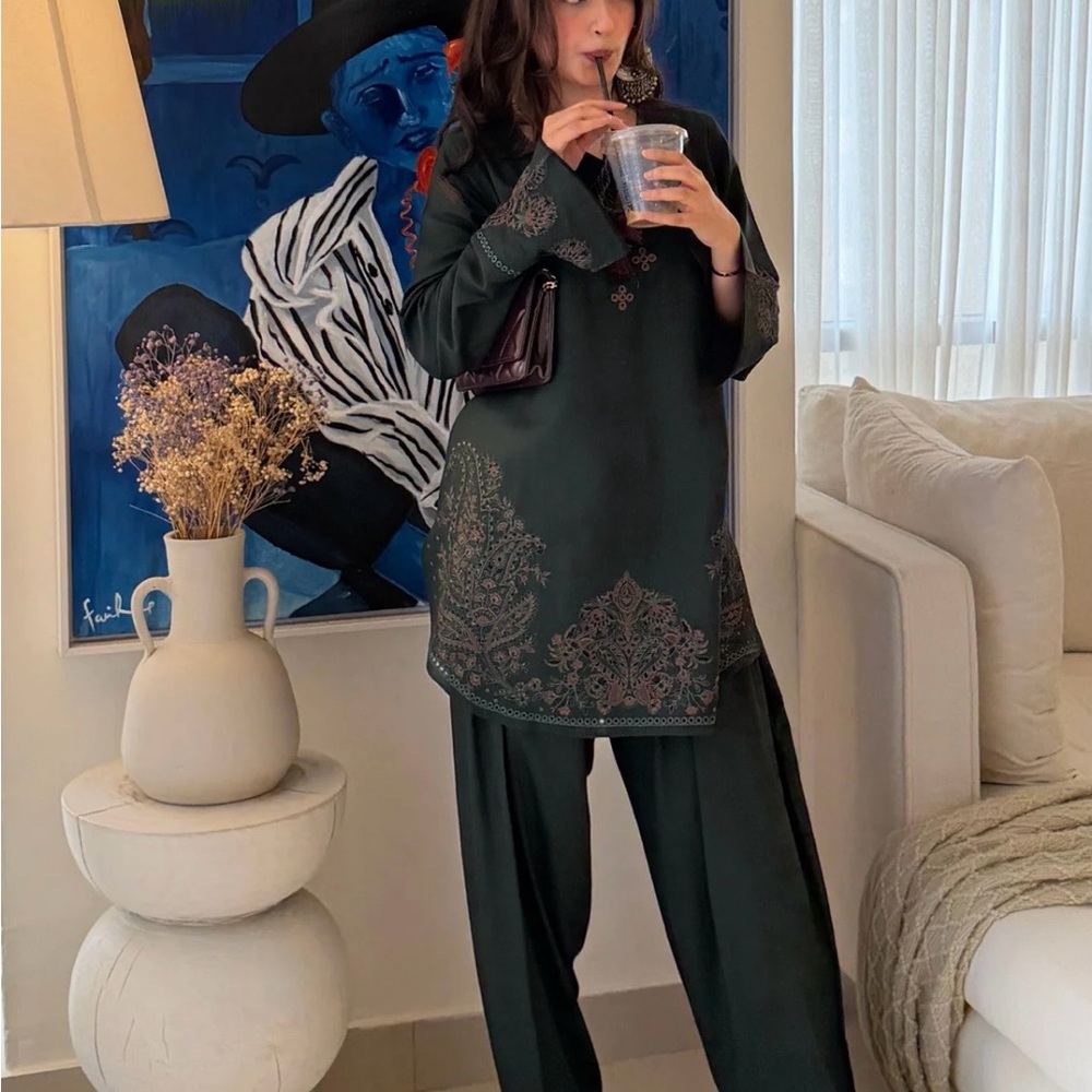 Pakistani designer Chic Dark Green Long Sleeve Dress